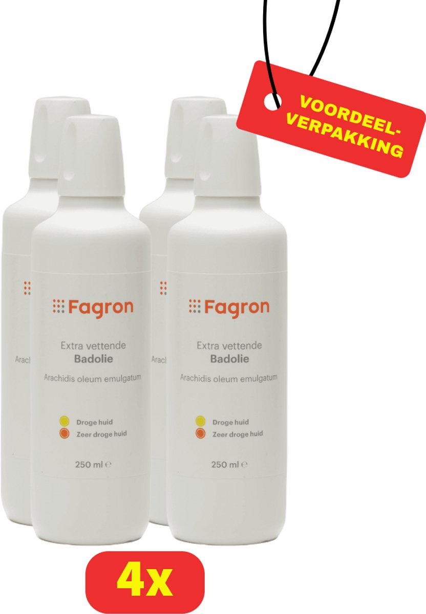 Fagron Extra Vettende Badolie - Gevoelige en Zeer Droge Huid - Arachidis Oleum Emulgatum - 4 x 250 ml - Voordeelverpakking