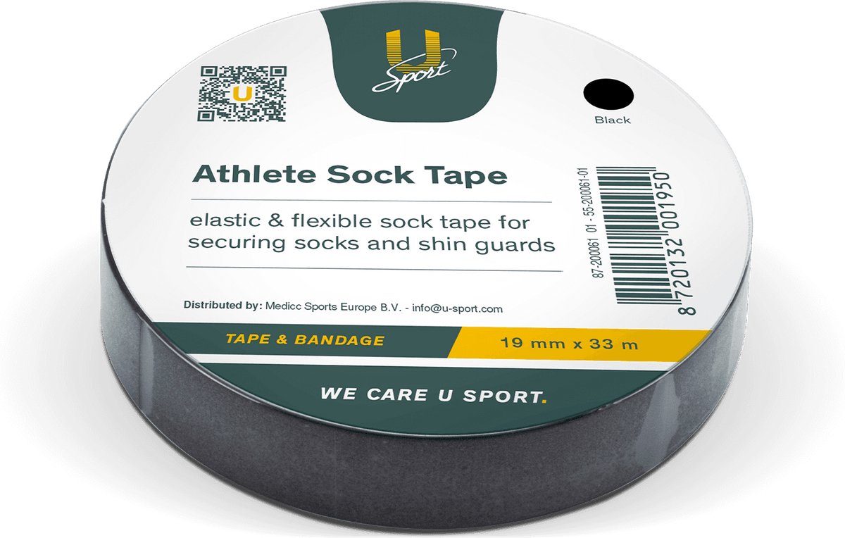 U-Sport Athlete Sock Tape - Sokkentape - Elastisch & Waterbestendig - Fixatie Scheenbeschermers - FIFA/KNVB goedgekeurd - 1 Stuks - Zwart