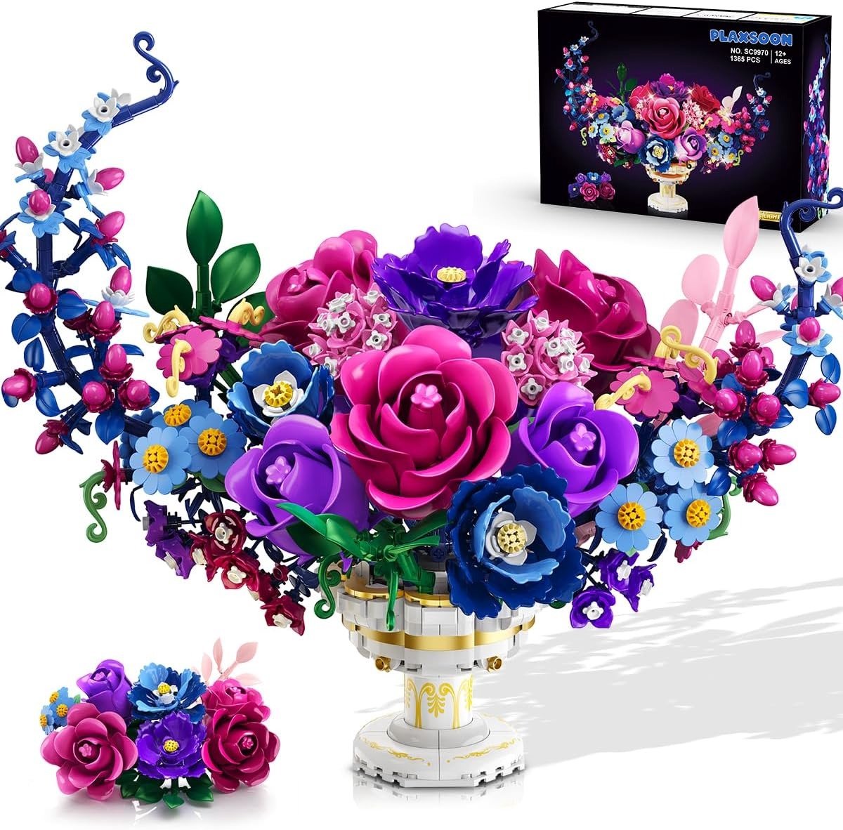 PLAXSOON Maan Vorm Bloemen Boeket Bouwpakket - 1365 Delen Met LED Verlichting - DIY Botanische Decoratie - Bouw Spleegoed voor Volwassenen Kinderen 12+