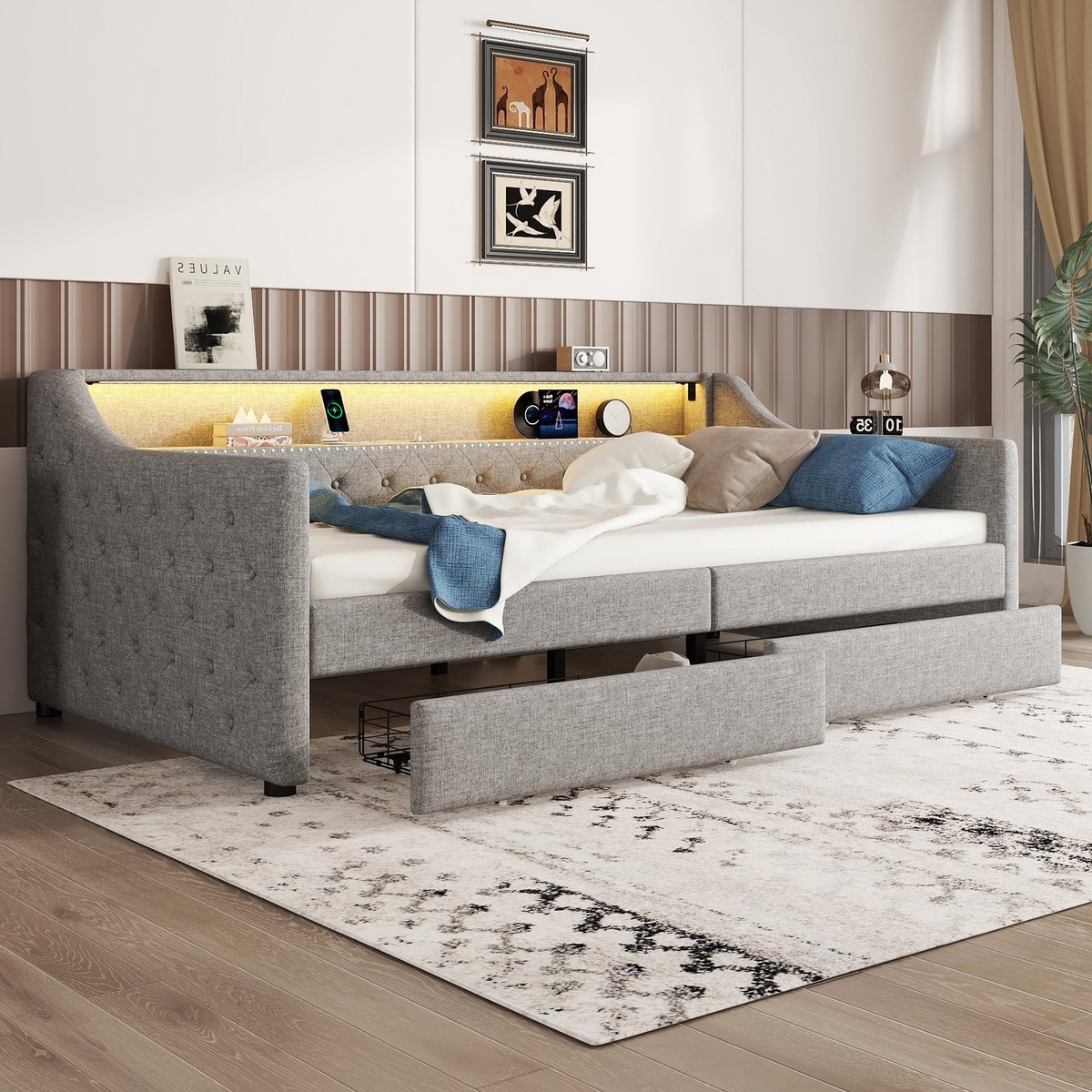 REDOM Daybed 90x200 cm – Grijs Linnen – LED met Afstandsbediening & USB – 2 Laden – 12 Latten – 272 kg