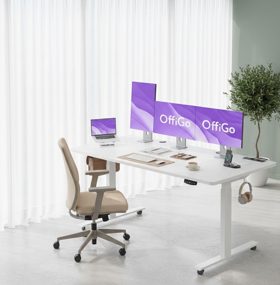 Elektrisch Zit-Sta Bureau 160x70 cm met USB & Stopcontacten – In Hoogte Verstelbaar Bureau met Geheugenfunctie – Ergonomisch Sta Bureau voor Thuiswerk & Kantoor – Wit A-Furniture