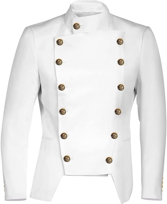 Witte colbertjas met hoge kraag en dubbele rij goudkleurige knopen.