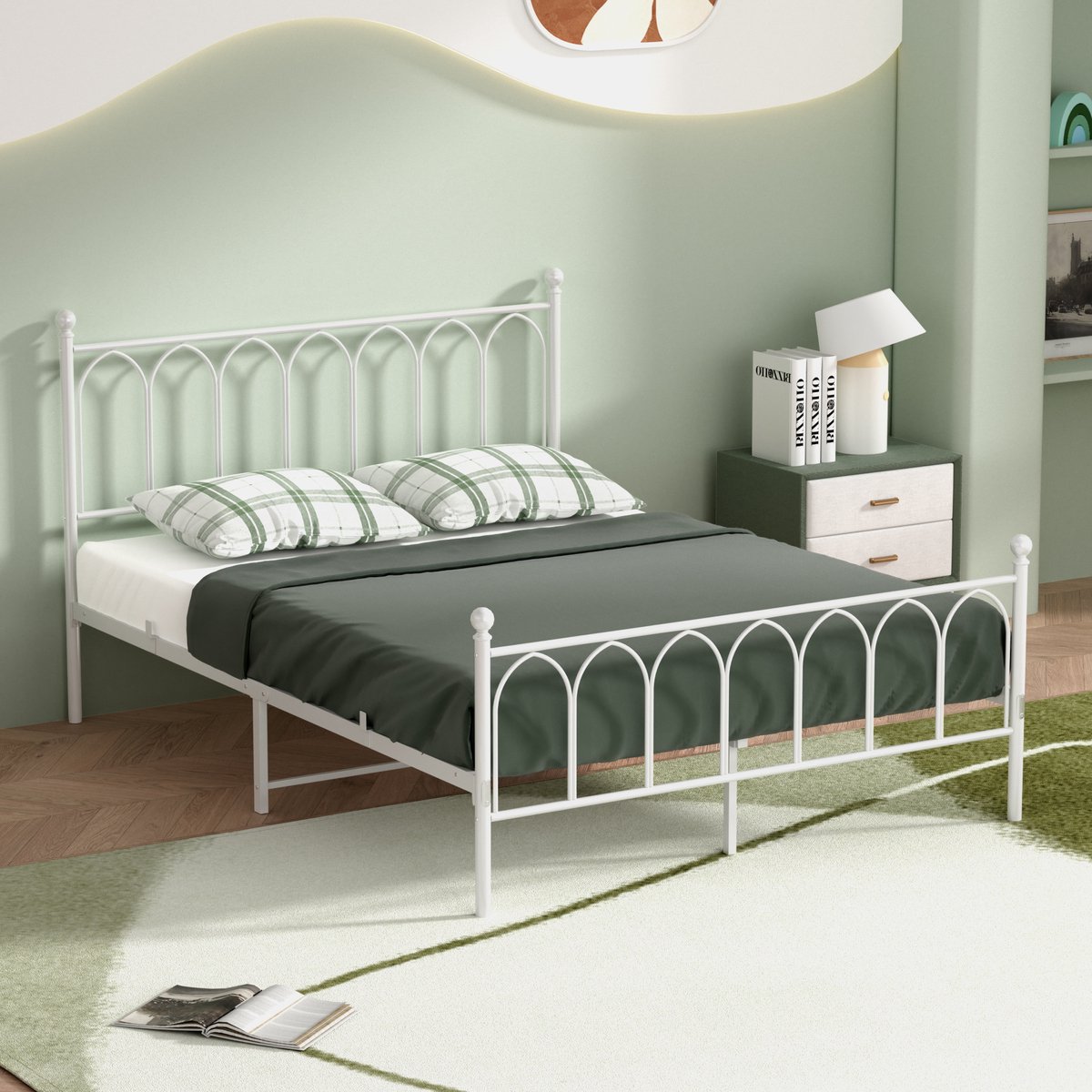 MIVRAY Bedframes 140×200 - Tweepersoonsbed Met Stalen Bedframe - Stevig Industrieel Bed - Wit