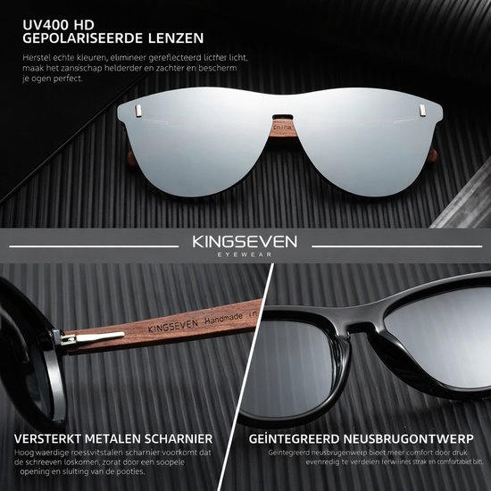 KINGSEVEN zonnebril: UV400 HD gepolariseerde glazen, versterkt metalen scharnier, geïntegreerd neusbrugontwerp.