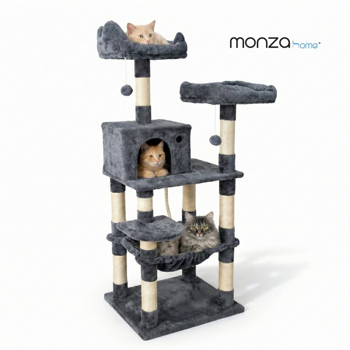 Monza Home Krabpaal 143 cm - Kattenhuis & Kattenspeelgoed - Sisal - Pluche - Hangmat - 2 Ligplekken - Donkergrijs