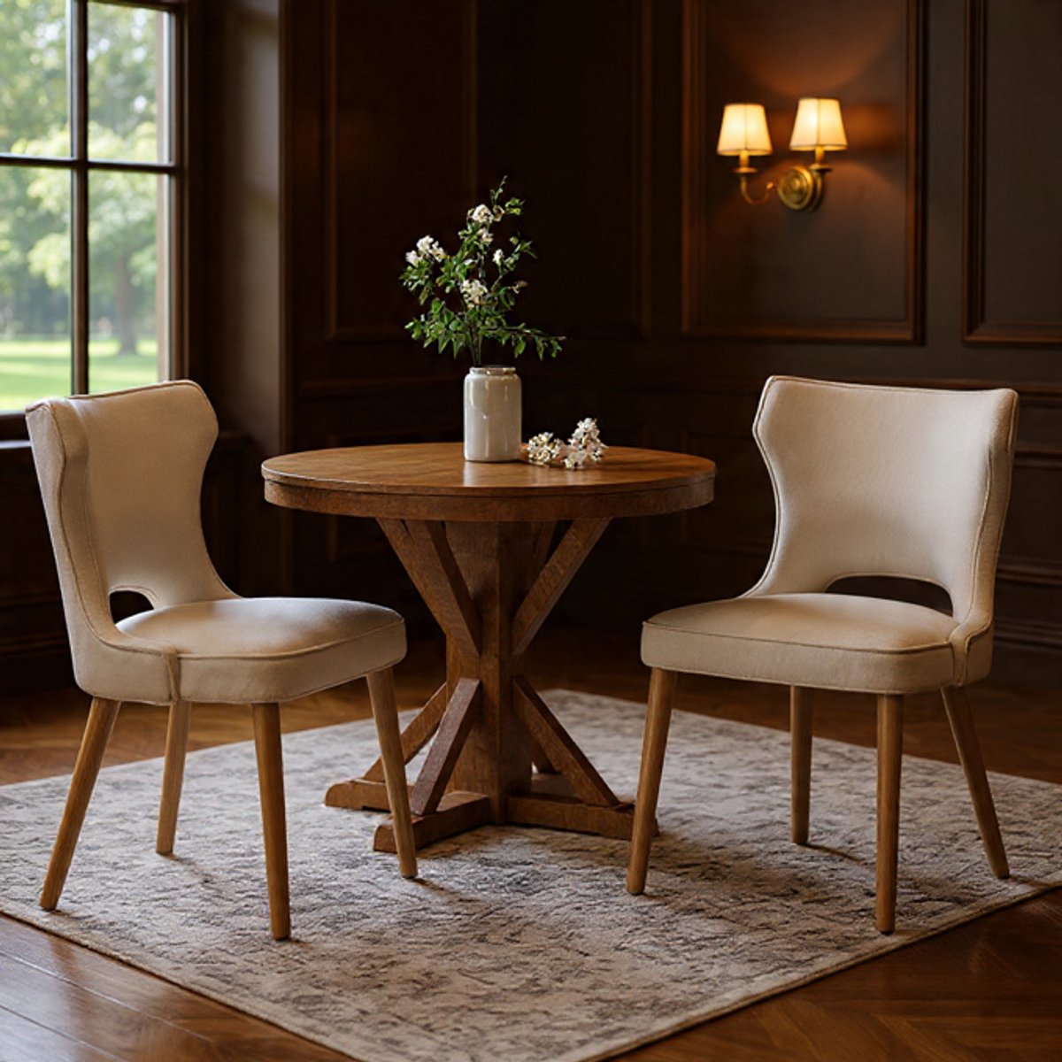 Valenza Luxe Wingback Eetkamerstoelen met Houten Poten – Set van 2 – Beige Casa Serena – Afmetingen op aanvraag – Casa Dorada