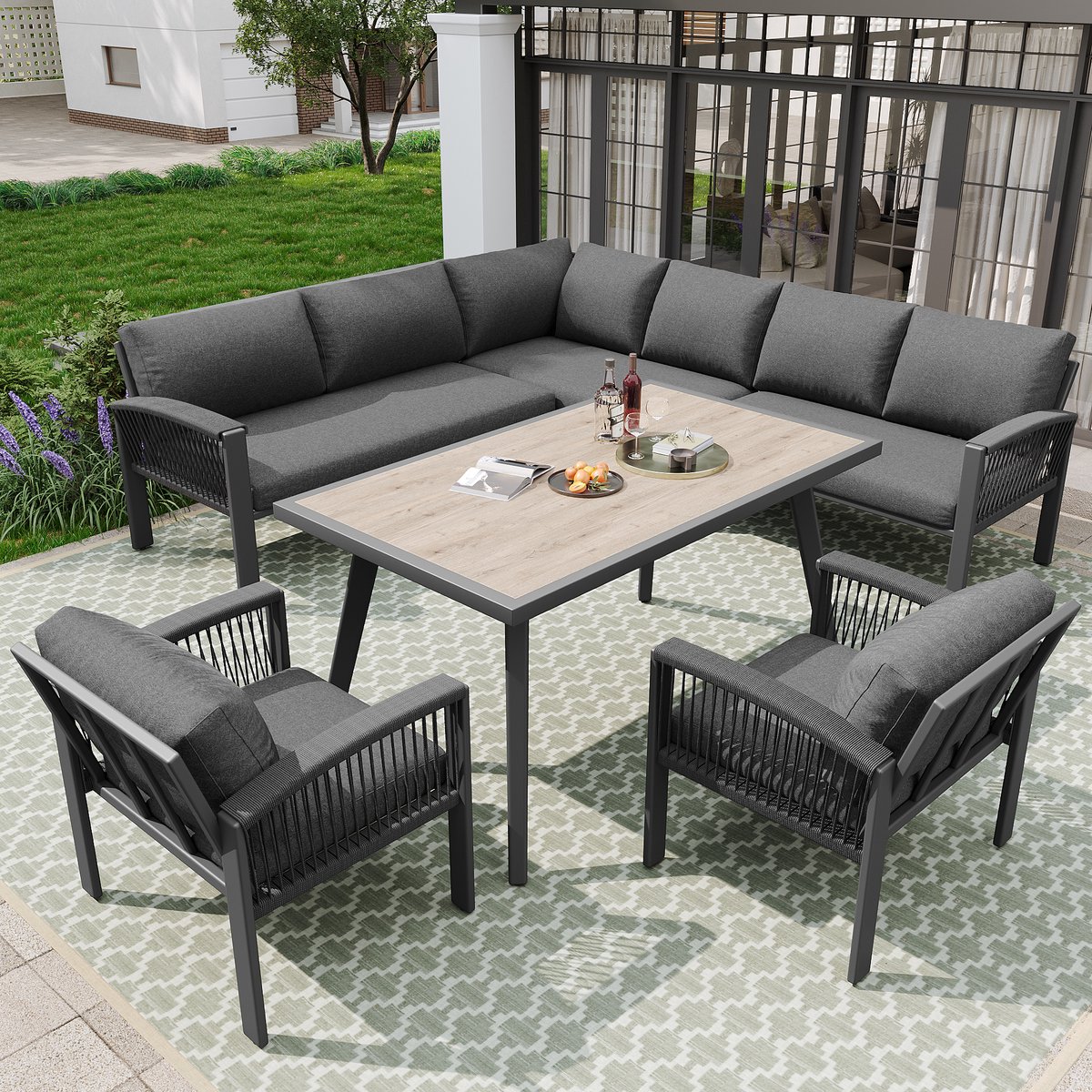 Loungeset - 8 Personen - Grote Tafel met Houtlook - Gegalvaniseerd Staal en Touw - Grijs