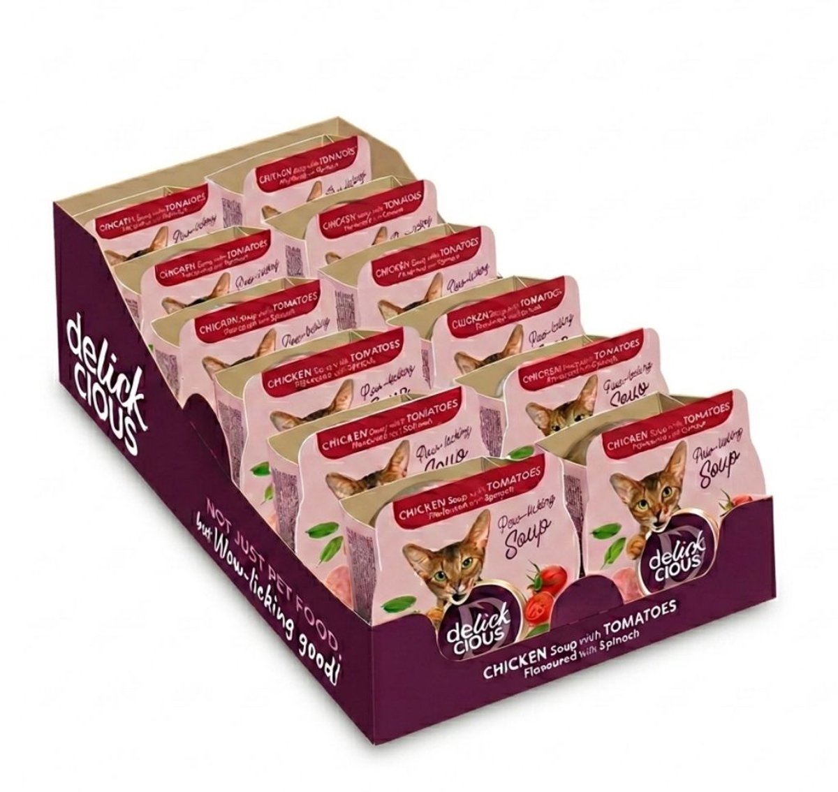 DELICKCIOUS Kipsoep met Tomaten en Spinazie – Compleet Kattenvoer voor Volwassen Katten – 12x 80g