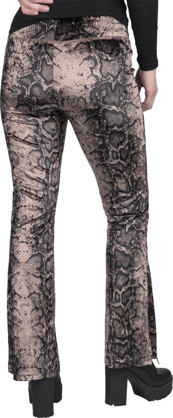 Achterkant flared broek met bruin/zwart slangenprint patroon
