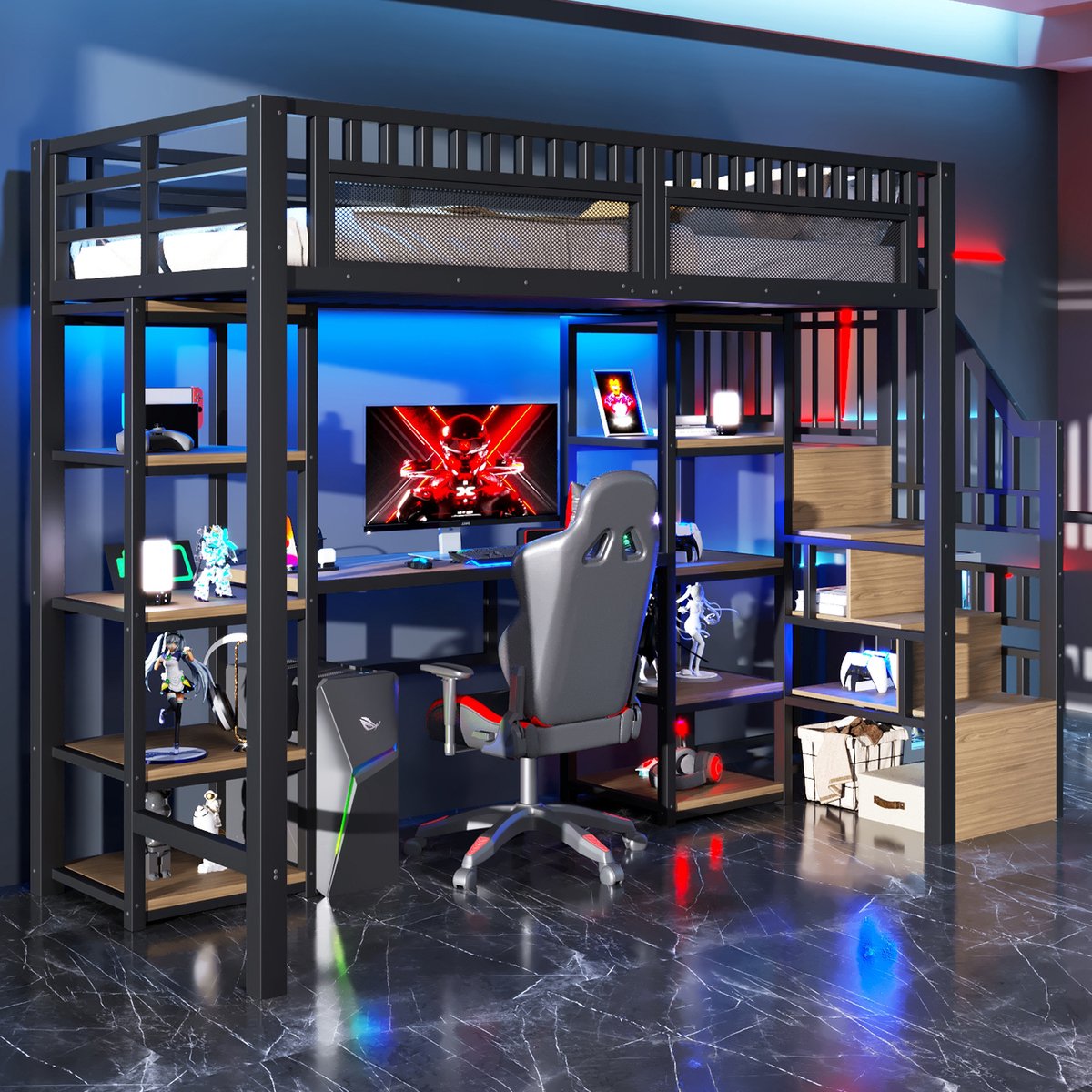 MODFU Hoogslaper – 90x200 cm – Met bureau, opbergtrap & LED (app) – Zwart metaal/MDF