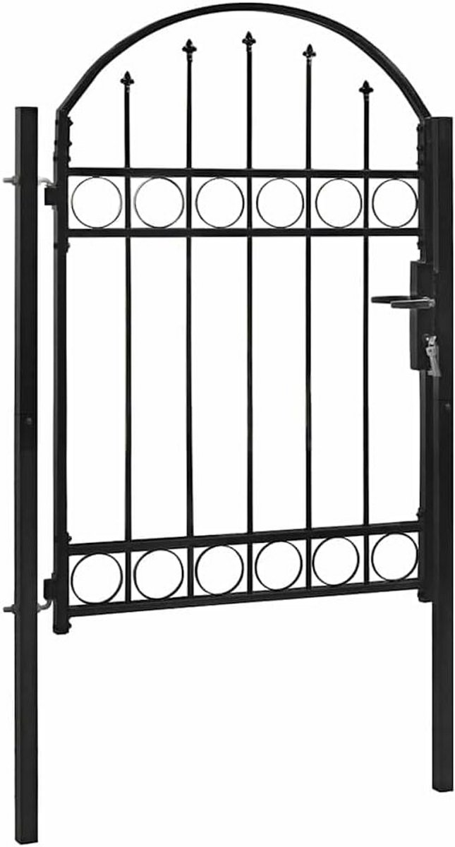 Robuuste Tuinpoort met Gebogen Bovenkant in Zwart Staal - 104x125 cm