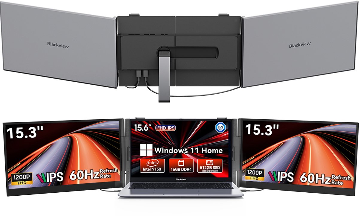 Blackview Hibook6-N150 Laptop (16G+512G) + DCM8 15,3" Dubbele Draagbare Monitor Set, Professioneel Creatie & Kantoor Accessoires (Laptop Tas/Muis/Toetsenbordstickers, Grijs)