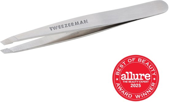 Tweezerman schuine pincet met schuine punt, naast een rode 'Allure Best of Beauty Award 2025' sticker.