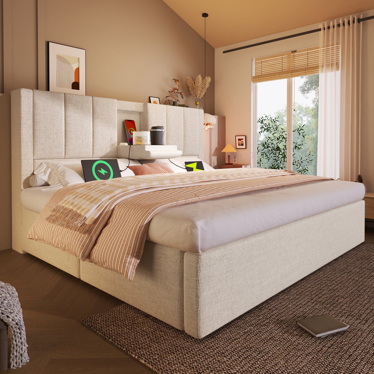MODFU Bedframe 140x200 cm – Met verborgen bekerhouders & USB-C – Hydraulische opbergruimte – Beige linnen