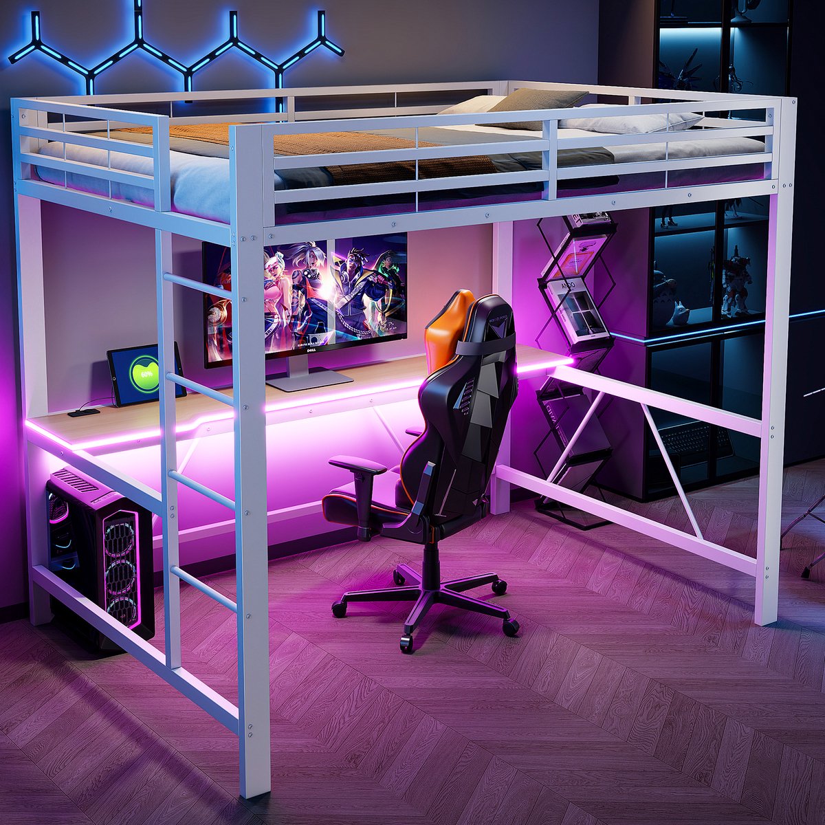 Hoogslaper, 140 x 200 cm Metalen Gaming Hoogslaperframe met Ledverlichting, USB-laadstation en Bureau, Wit