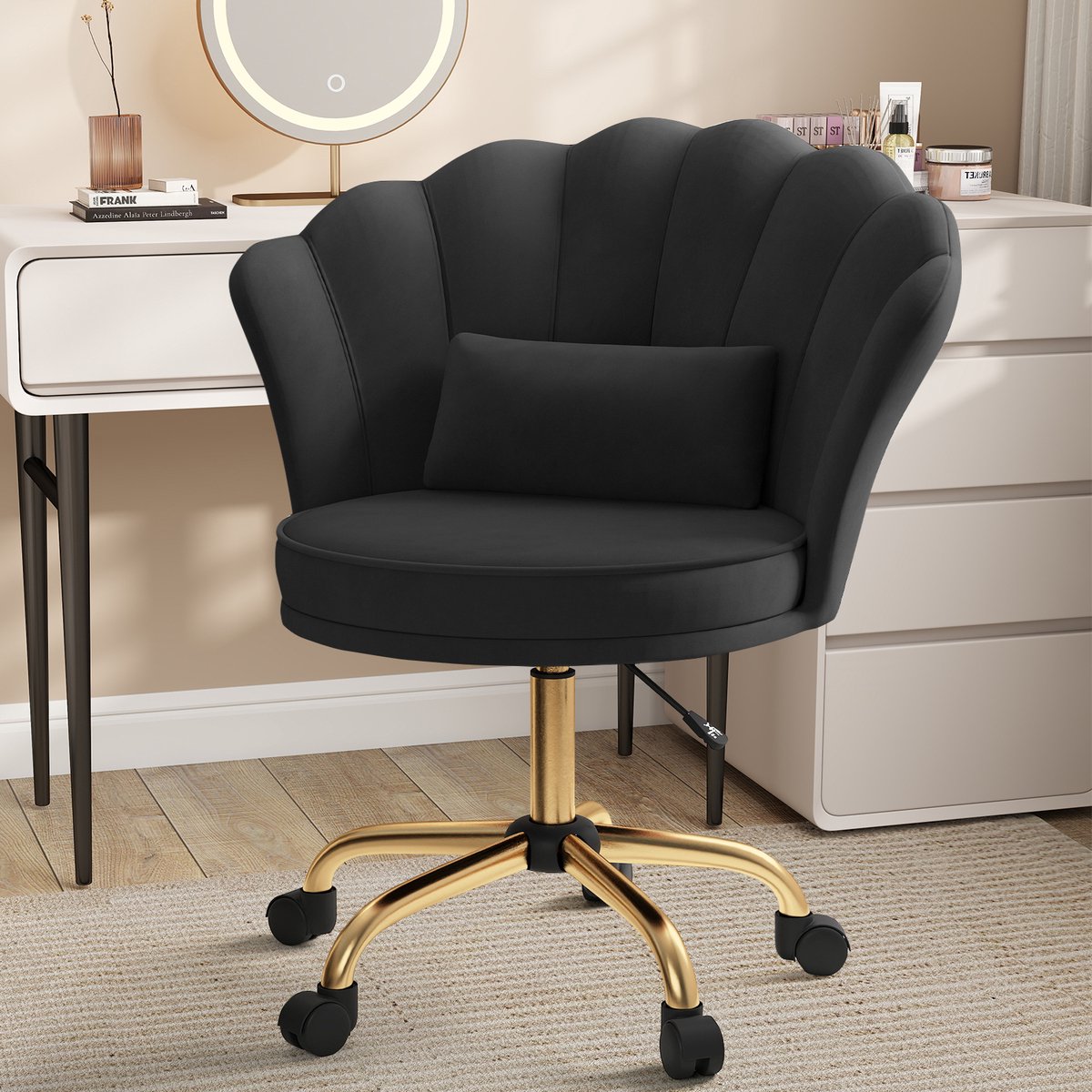 Kary International Fluwelen Bureaustoel Verstelbaar met Gouden Onderstel