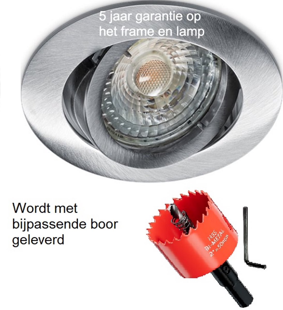 Inbouwspot geborsteld aluminium met ledlamp 230 Volt en gatenzaag- Led inbowspot verstelba