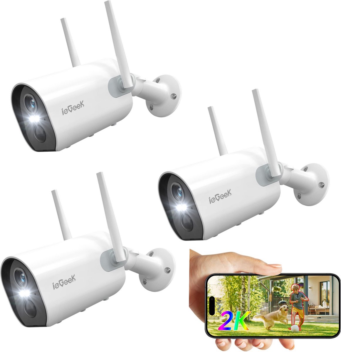 ieGeek Bewakingscamera Voor Buiten – 2K HD 3MP - Buiten Camera Met Nachtzicht – Buitencamera - Beveiligingscamera Buiten - Met WiFi en APP - 3 Stuks