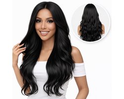 SassyGoods Zwarte Pruik - Pruiken Dames Lang Haar - Wig - Golvend Haar - Haren Vrouwen - Verstelbaar - Wasbaar - Zwart