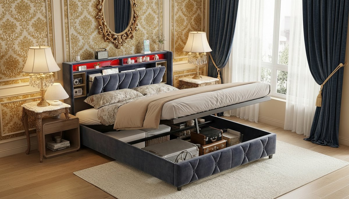 Gestoffeerd Opbergbed 160x200 cm Casa Velluto – Luxe Tweepersoonsbed met LED-verlichting, USB-poort en Hydraulische Opbergruimte – Fluweel, Modern Slaapkamerbed voor Volwassenen