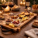 Houten serveerplank met diverse luxe hapjes zoals olijven, gehaktballetjes, gevulde eieren en worst. Op een sfeervol verlichte tafel met wijn.