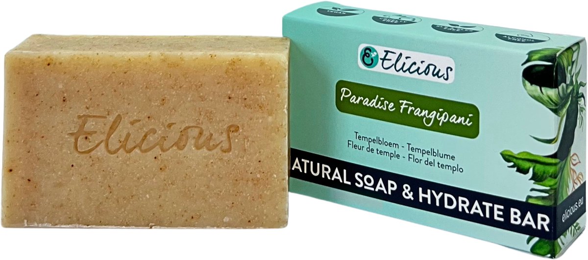Elicious® - Natuurlijke Zeep - Tempelbloem - Frangipani - Handgemaakte Zeep - Biologisch Afbreekbaar - Handzeep - Douchezeep - Halal - Plasticvrij - Alcoholvrij - Vegan - Dierproefvrij - 100gr