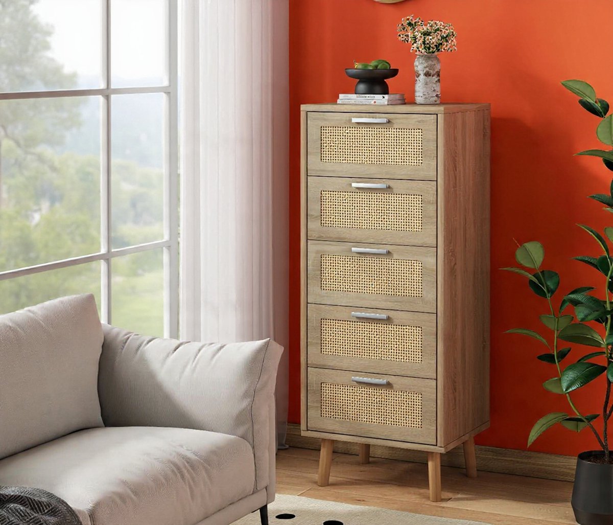Bali Rotan Ladekast 108 cm – Bohemian Ladekast met 5 Lades – Rotan Opbergkast Naturel voor Slaapkamer & Woonkamer Casa Serena – 108 cm – Casa Dorada