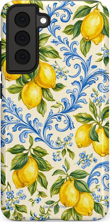 Telefoonhoes met Italiaanse citroenprint en blauwe ornamenten.