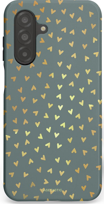 Telefoonhoesje met een groene achtergrond en een patroon van kleine gouden hartjes.