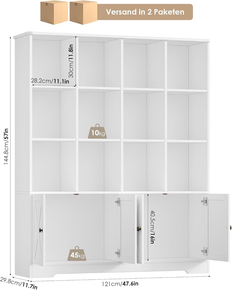 Boekenkast– Casa Velluto Boekenkast met Deuren en 12 Vakken Grande 145 cm Hoge Opbergkast met Gesloten & Open Vakken – Multifunctionele Kast voor Woonkamer, Kantoor, Keuken en Kinderkamer – 121 x 29,8 x 144,8 cm – Wit