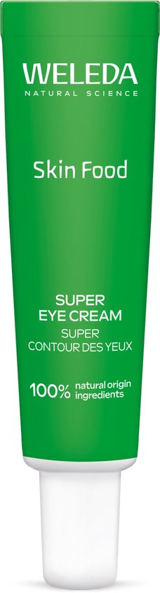 Weleda Skin Food Super Eye Cream tube in een groene kleur. Met tekst "100% natural origin ingredients".