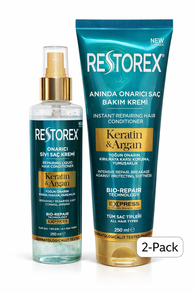 Restorex Keratin & Argan Hair Care Set – 2-Pack – 200/250 ml – Repair & Softness – All Hair Types Restorex Keratin & Argan Haarverzorging Set – 2-Pack – 200/250 ml – Herstel & Zachtheid – Alle Haartypes