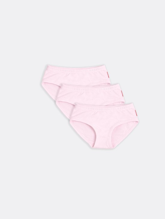 Drie roze slips op elkaar gestapeld, met rode label en merknaam 'CLAESENS'.