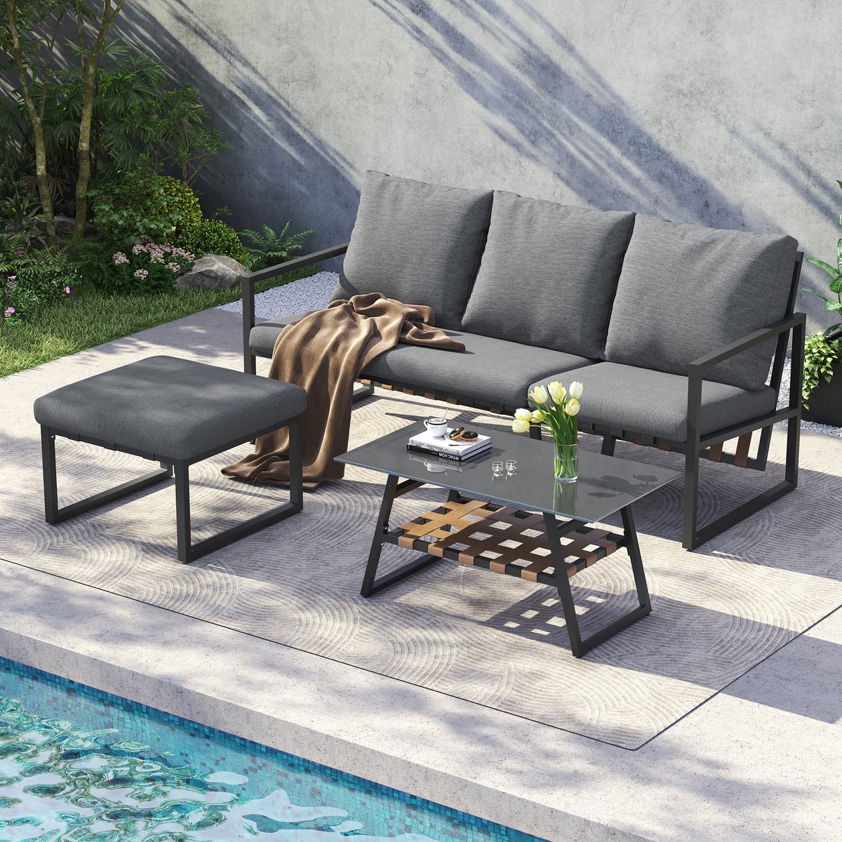 HAUSS SPOLE Loungeset Hoekbank Met Tafel En Voetenbank - Flexibel Te Plaatsen Voor Tuin En Balkon - Polyester - Grijs