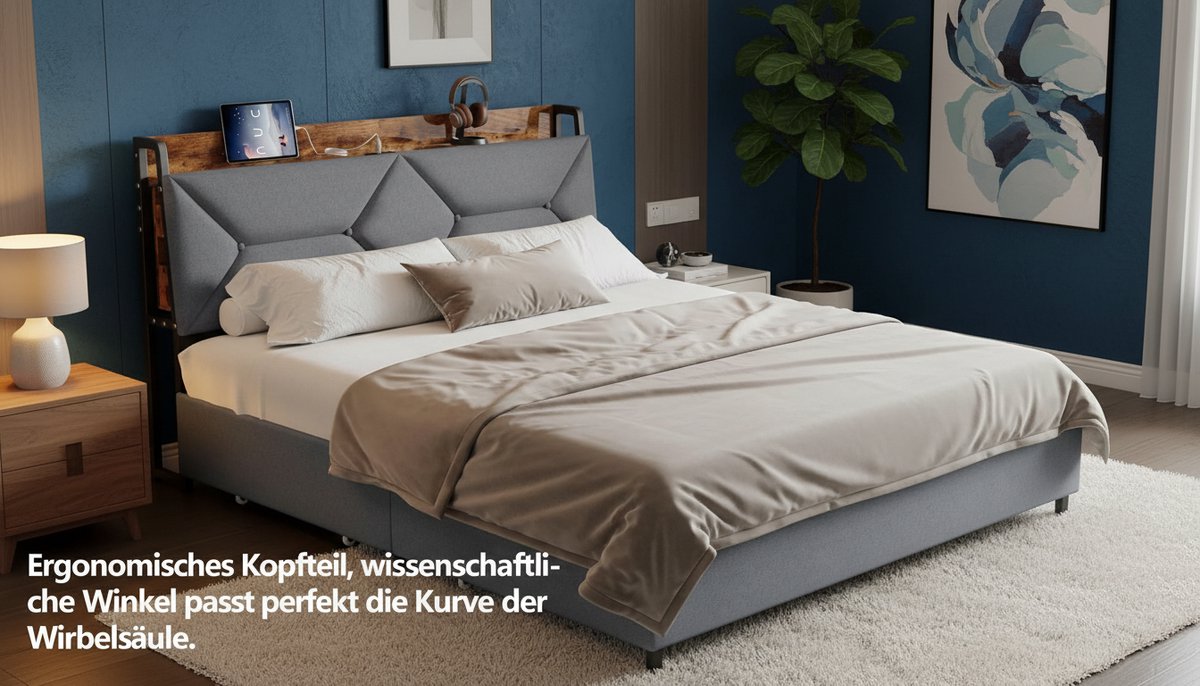 Bedframe 140x200 cm – Casa Velluto Eclipse Luxe Tweepersoonsbed met 4 Laden, Verborgen Opbergvakken en Modern Laadstation – Gestoffeerd Linnen – Grijs