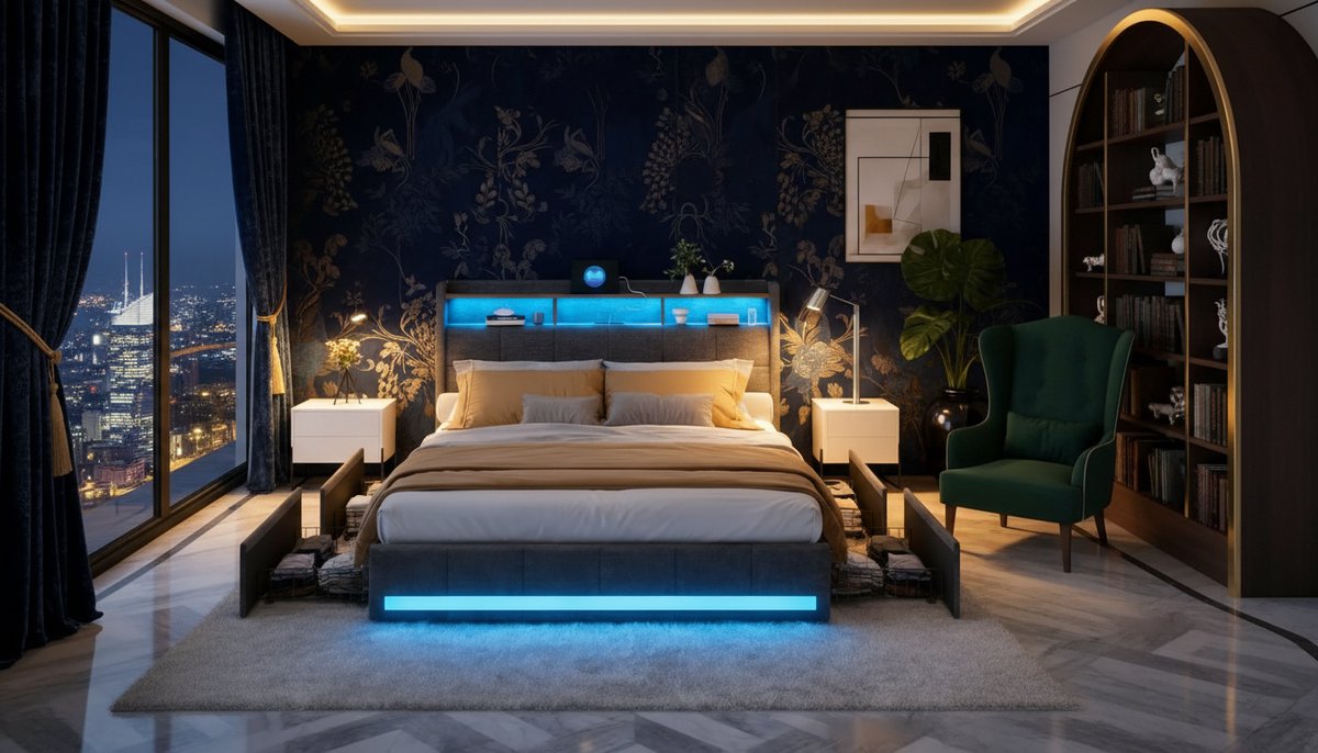 Bedframe 140x200 cm – Casa Velluto Orion Luxe Tweepersoonsbed met 4 Opberglades, RGB LED-verlichting, USB & Type-C Poorten – Gestoffeerd Linnen – Modern Design – Grijs