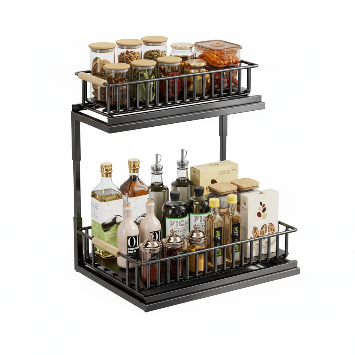 Hearyoo Keukenkast Organizer – 2 Laags Uitschuifbare Gootsteenkast Opberger – In Hoogte Verstelbaar – Anti-Slip – Zwart