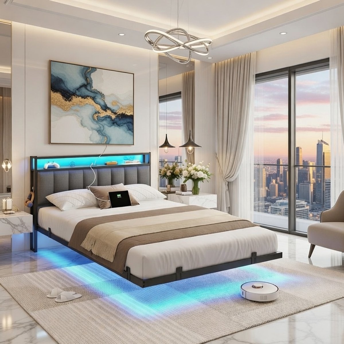 Lumina Luxe Gestoffeerd Bed 140 x 200 cm - Modern Zwevend Bed met LED verlichting, USB laadstation, Hoofdeinde met Opbergruimte, Metalen Bedframe - Zonder Matras, Donkergrijs Casa Serena