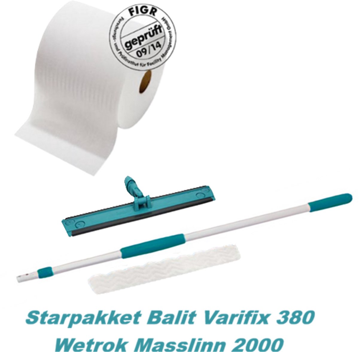 Wetrok, Balit Varifix 380 Massllin 2000 startpakket, stofwisdoeken (300 doeken op rol), telscoopsteel, wishouder, schuimzool. Wetrok Balit Varifix 380 Massllin 2000 – Kit complet avec chiffons, manche télescopique et semelle mousse.