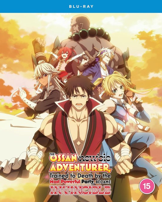 Anime Blu-ray "The Ossan Newbie Adventurer" met groep personages op een oranje, zonnige achtergrond. De titel staat in het midden.