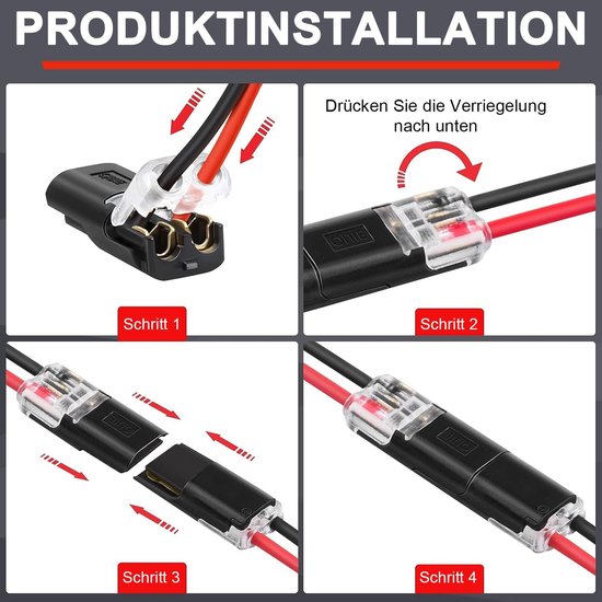 Illustratie van de productinstallatie in 4 stappen: plaats draden, druk hendel naar beneden, sluit de connector.