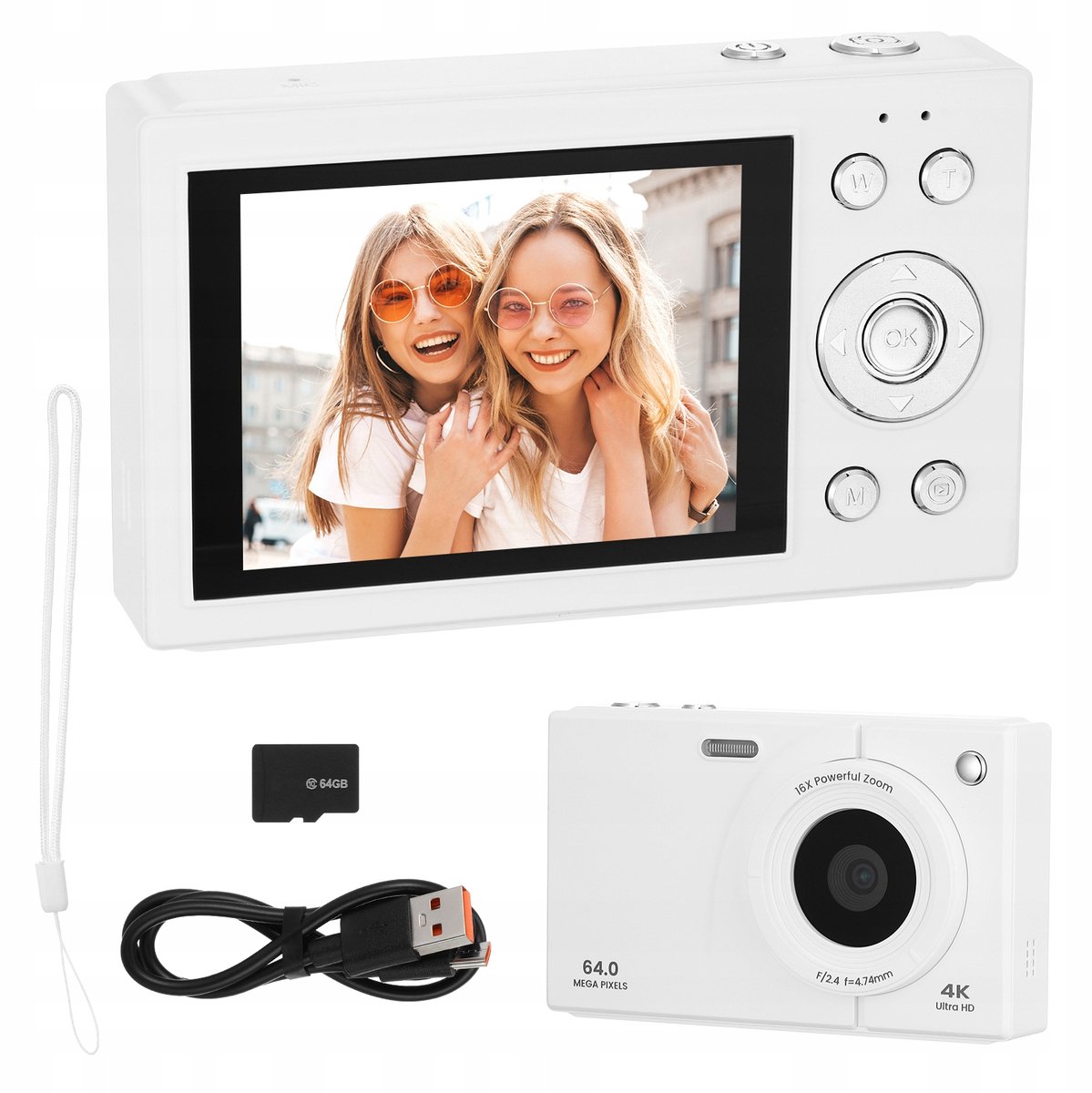 4K Digitale Camera voor Kinderen - 64MP - 16x Digitale Zoom - Wit - Inclusief 64GB Kaart