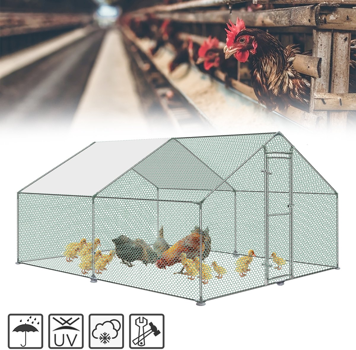 3x4x2m metalen kippenhok inloop met 6m² loopoppervlak, deur & sluiting & PE dak, buitenverblijf pluimveestallen buitenverblijf kippenhok voor kippen, kleine dieren & planten NAIZY