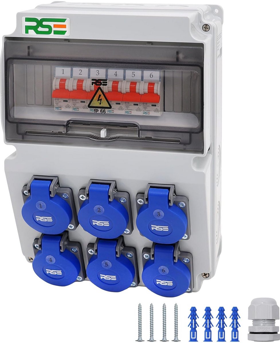 Verdeelkast Bouwstroom IP65 met 6x 230V, LS-schakelaars en Gegarandeerd