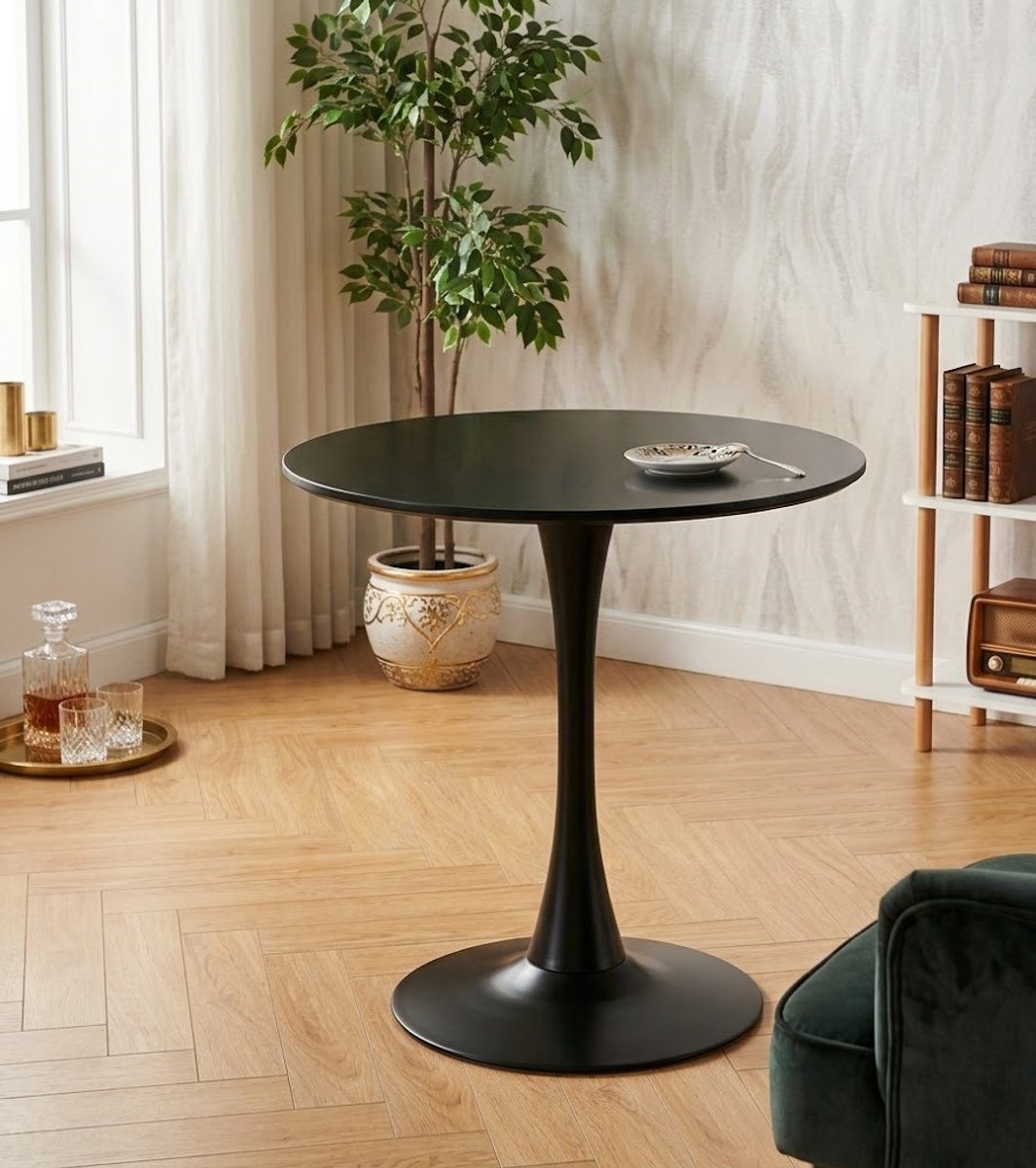 Ronde Tulip Design Eettafel 80cm Zwart-Wit met Stoelen – Compacte Bistro- en Balkonset voor Kleine Ruimtes | Casa Serena