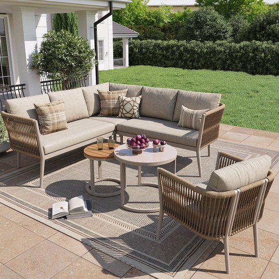 Sweiko Tuinset - Hoekbank - Fauteuil - 2 salontafels - Modulaire set - PE-rotan - Kaki