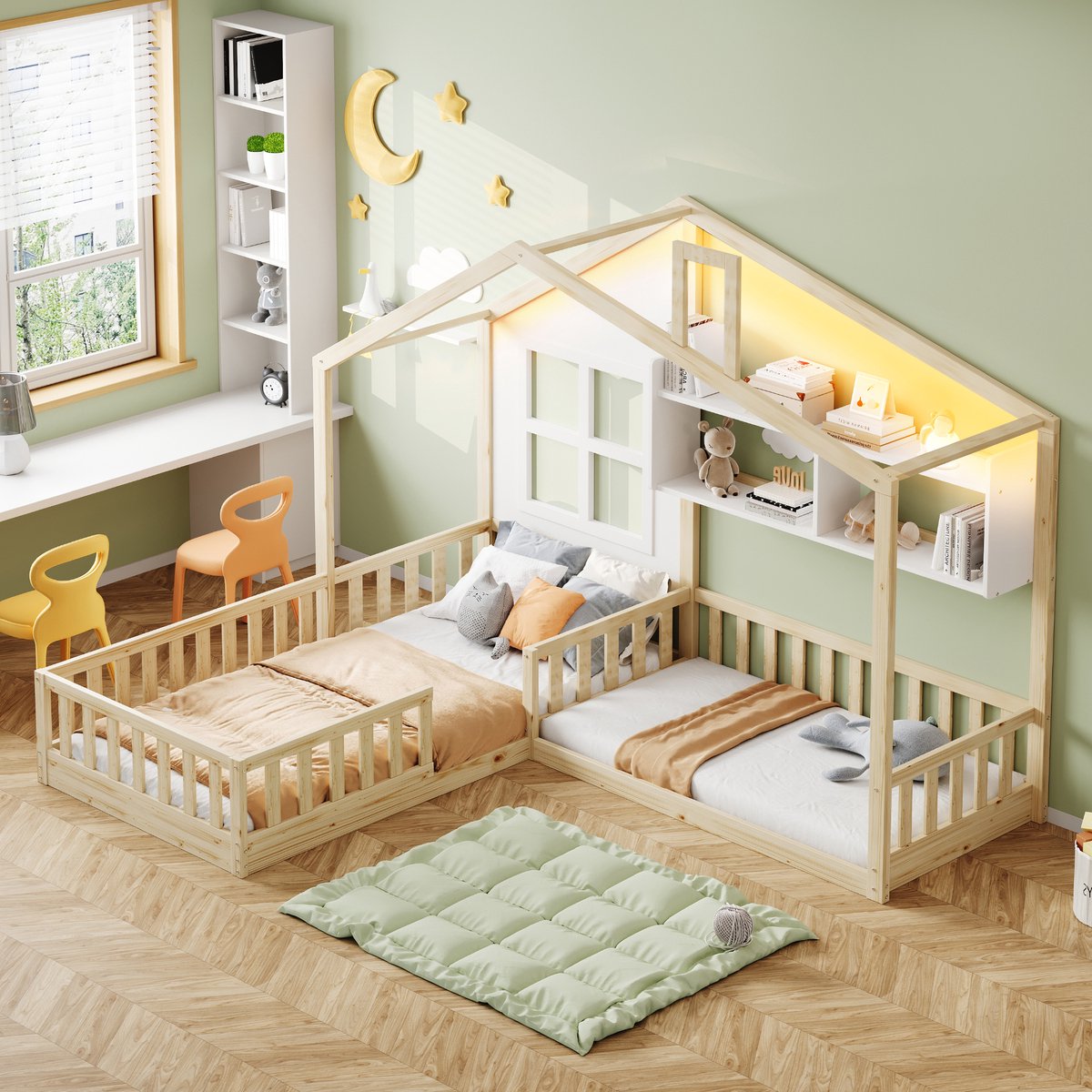 REDOM kinderbed in huisvorm 90x200 cm – Massief hout + MDF naturel/wit – Huisvormig ontwer