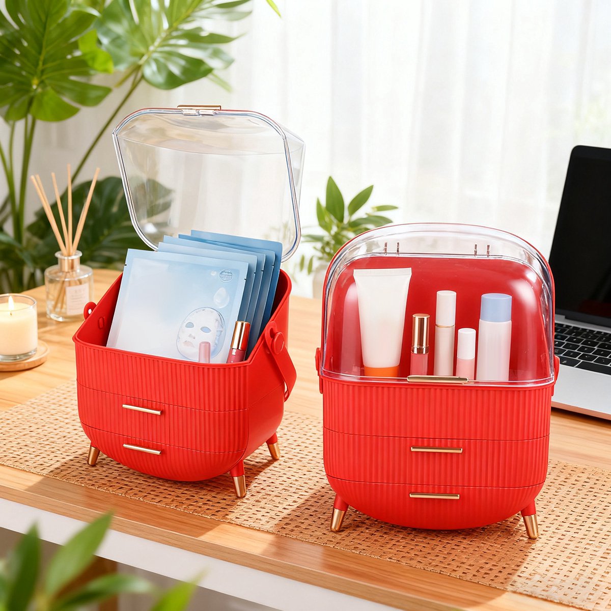 Glitzerlife - Multifunctionele Make-upkoffer Cosmetica Opbergdoos Organizer - Stofdicht Acryl - 3 Laags voor Huidverzorgingsproducten en Sieraden - Werkblad - Rood