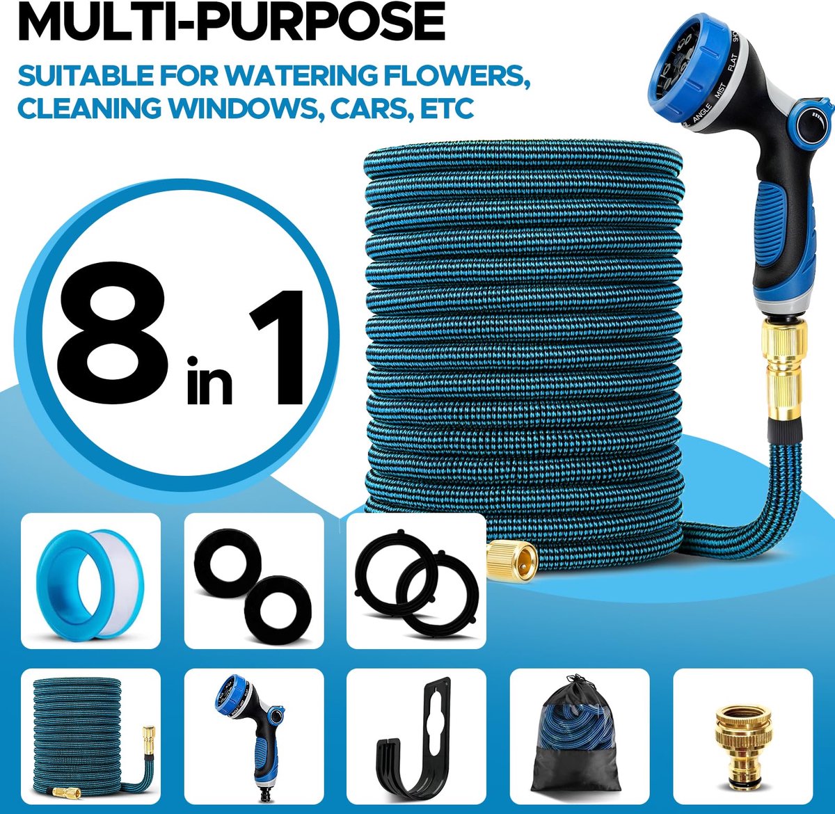 Namajunas - Tuinslang flexibel - 15 meter Uitrekbare Waterslang - 10 Funktions tuinsproeier en Slanghouder - Inclusief Opbergtas en koppelstuk - Drielaagse latex balkonslang - tuinslangen - Garden – foto 4