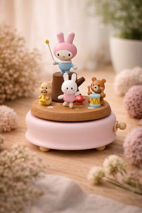 Roze muziekdoos met houten bovenkant. De schattige figuurtjes van een konijn, een biggetje, een beertje en een konijn met toverstaf.